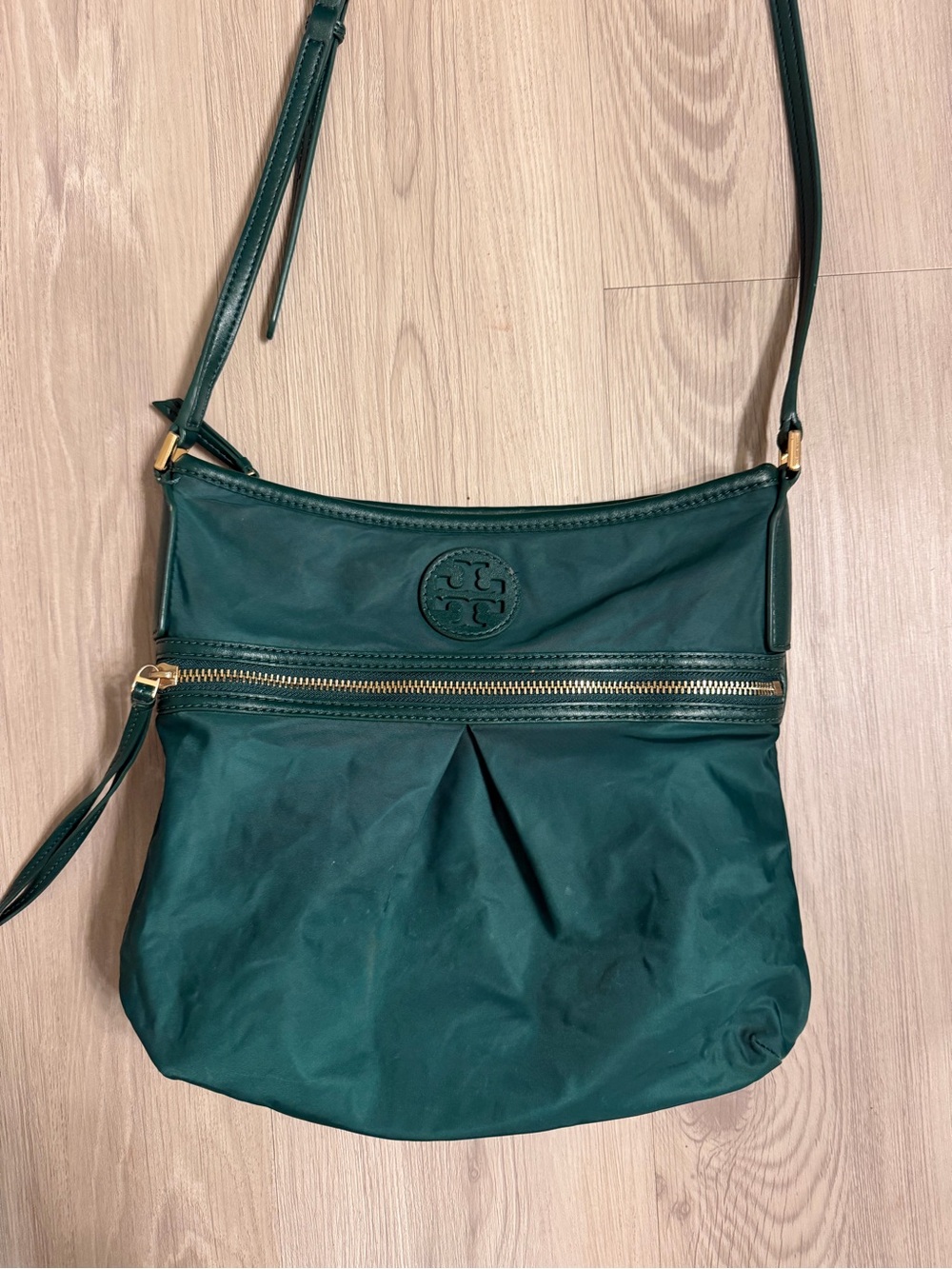 Tory Burch Dark Green Nylon Crossbody with Gold Hardware